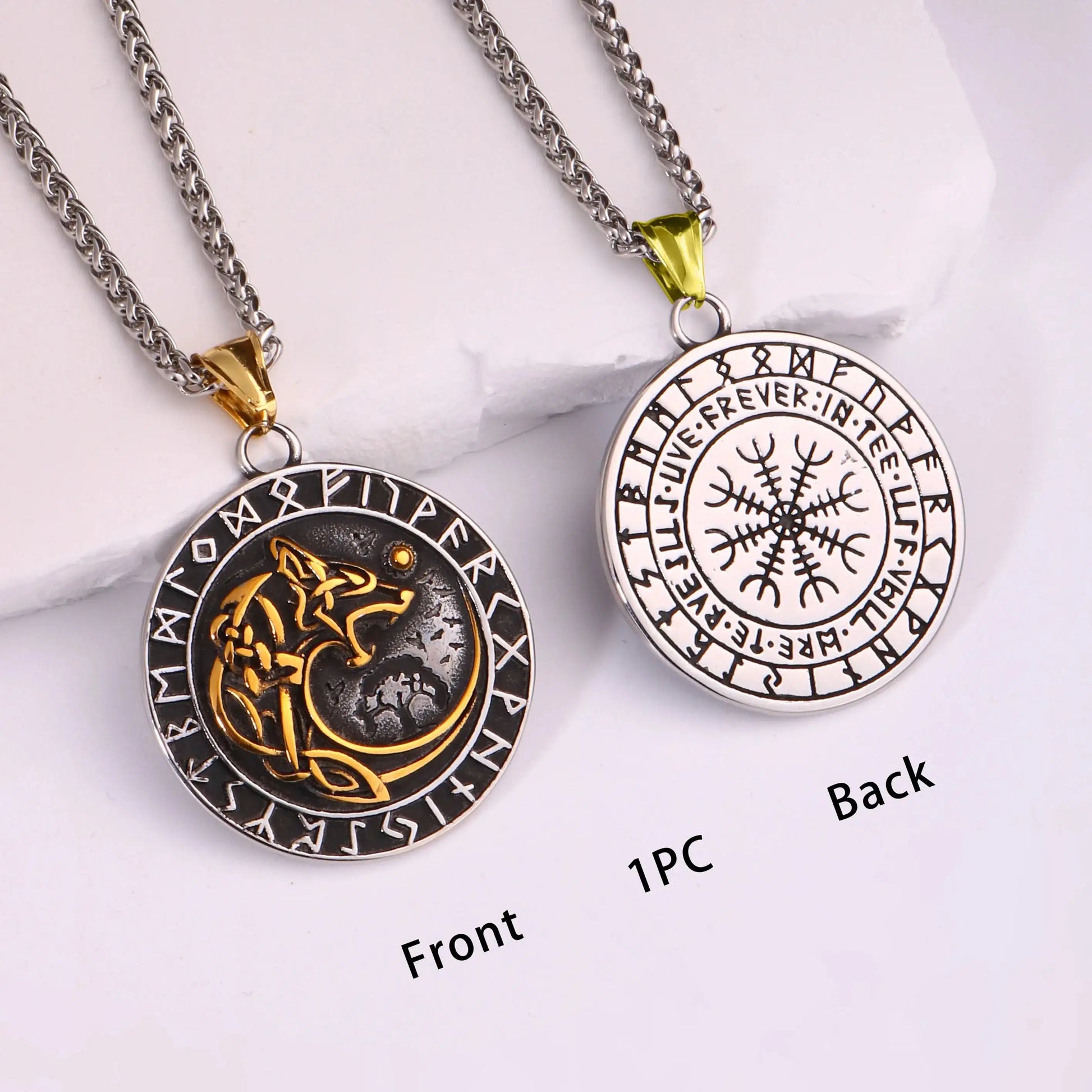 🐺 Medieval Stainless Steel Viking Wolf Necklace – Men’s Spiritual Jewelry | Viking Compass and Dragon Design | Robust and Symbolic Amulet S-55-Golden