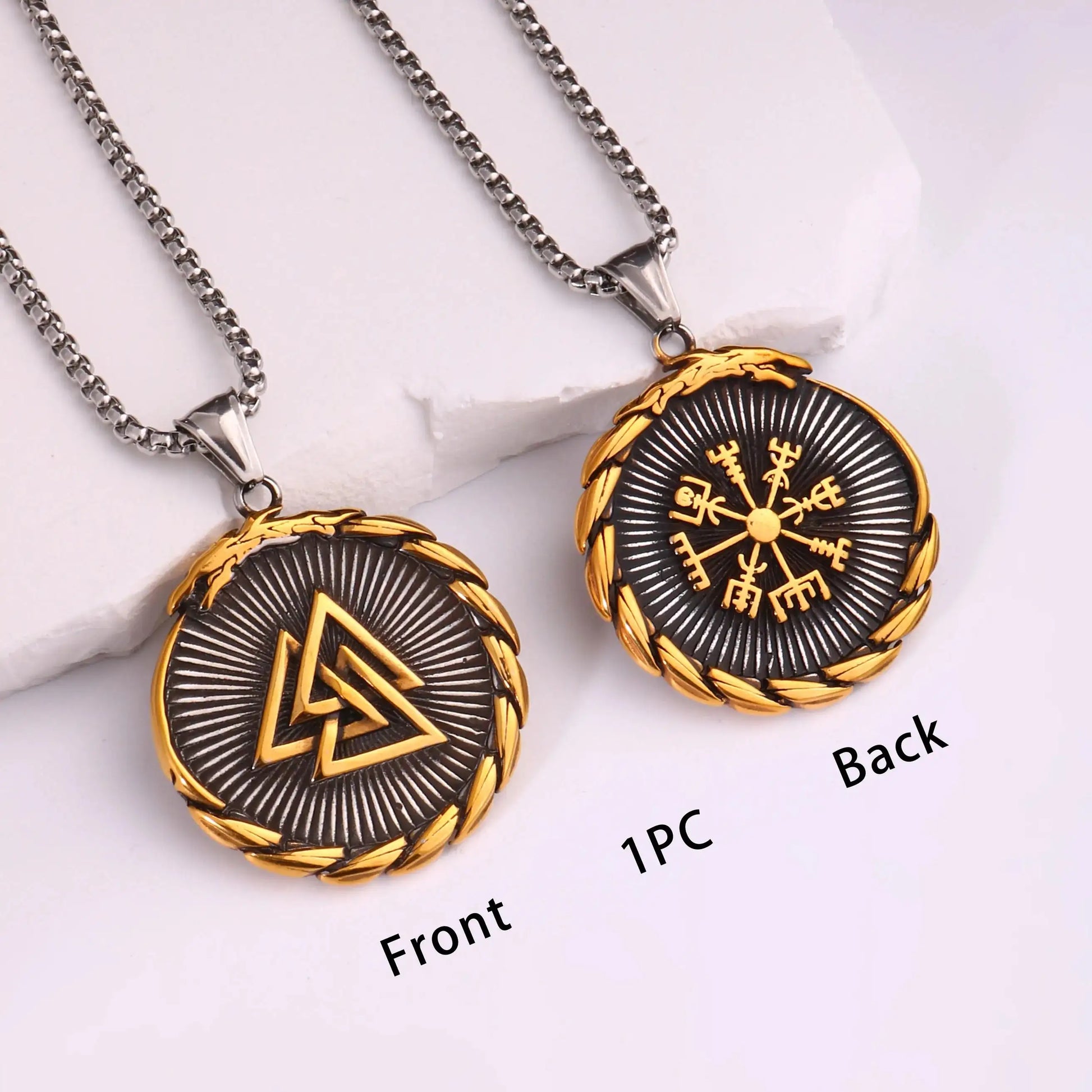 🐺 Medieval Stainless Steel Viking Wolf Necklace – Men’s Spiritual Jewelry | Viking Compass and Dragon Design | Robust and Symbolic Amulet S-26-Golden