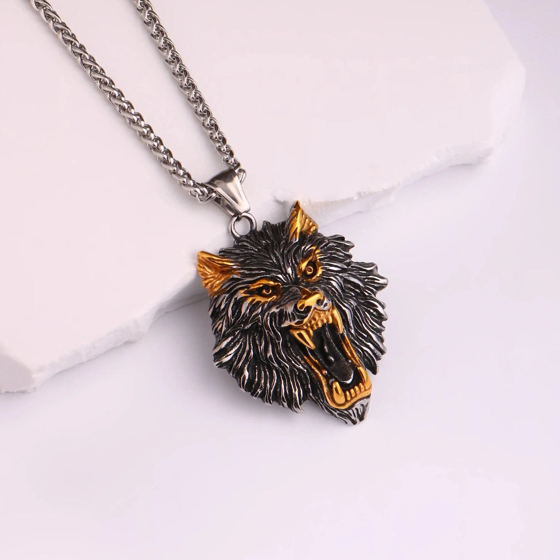 🐺 Medieval Stainless Steel Viking Wolf Necklace – Men’s Spiritual Jewelry | Viking Compass and Dragon Design | Robust and Symbolic Amulet S-58-Golden
