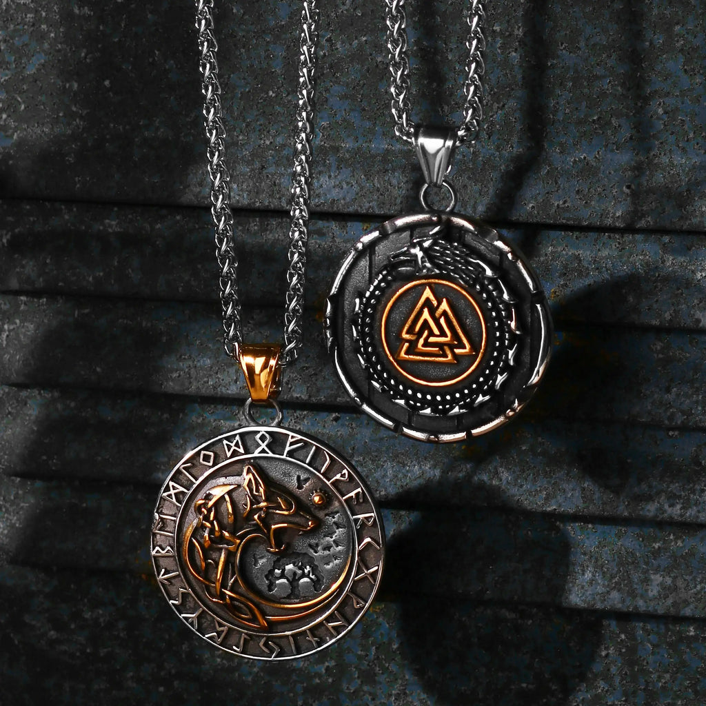 🐺 Medieval Stainless Steel Viking Wolf Necklace – Men’s Spiritual Jewelry | Viking Compass and Dragon Design | Robust and Symbolic Amulet