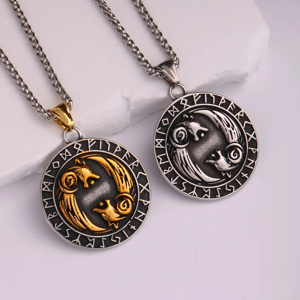 🐺 Medieval Stainless Steel Viking Wolf Necklace – Men’s Spiritual Jewelry | Viking Compass and Dragon Design | Robust and Symbolic Amulet