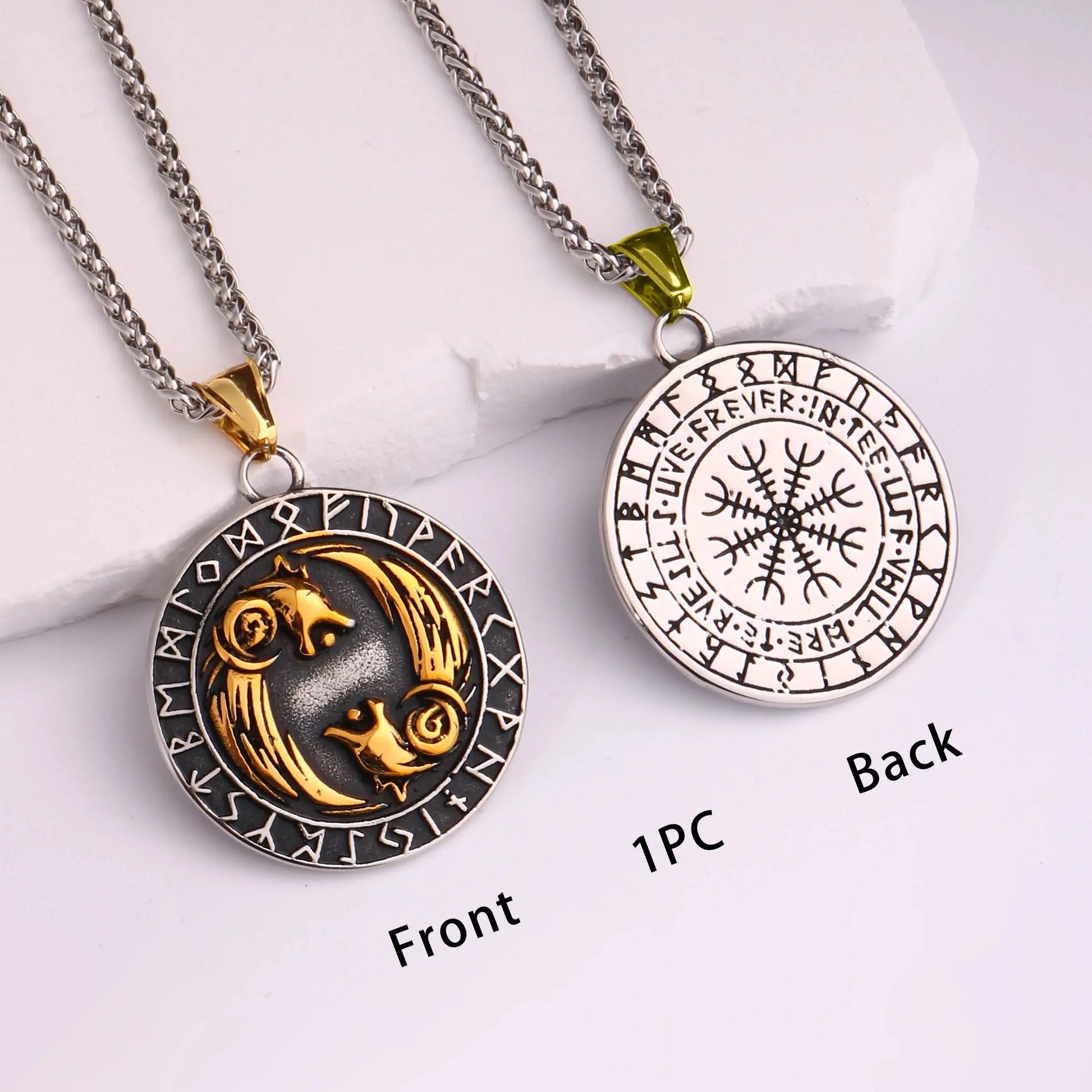 🐺 Medieval Stainless Steel Viking Wolf Necklace – Men’s Spiritual Jewelry | Viking Compass and Dragon Design | Robust and Symbolic Amulet S-29-Golden
