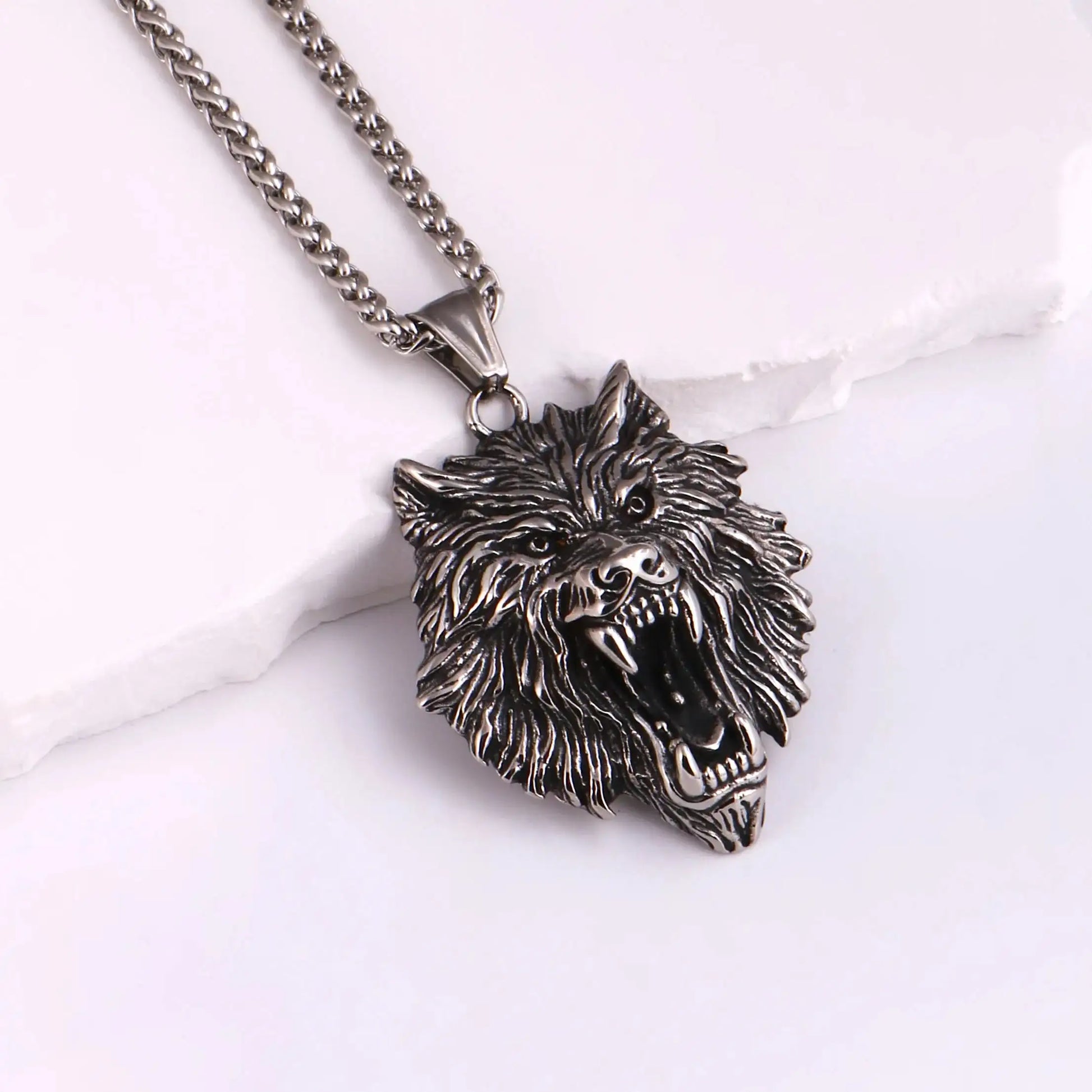 🐺 Medieval Stainless Steel Viking Wolf Necklace – Men’s Spiritual Jewelry | Viking Compass and Dragon Design | Robust and Symbolic Amulet S-58-Silvery