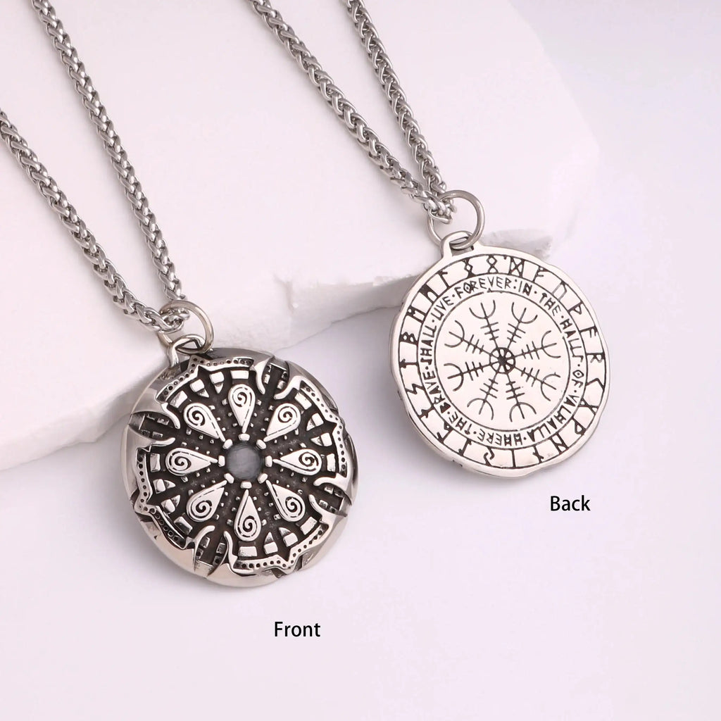 🐺 Medieval Stainless Steel Viking Wolf Necklace – Men’s Spiritual Jewelry | Viking Compass and Dragon Design | Robust and Symbolic Amulet S-51-Silvery