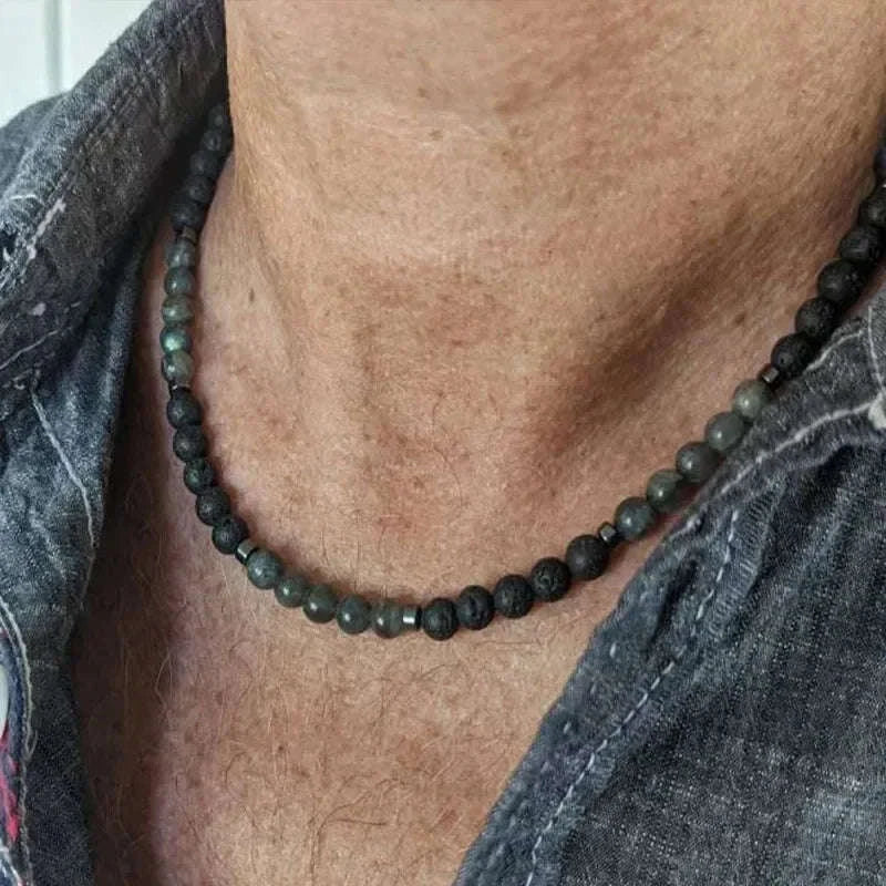 ✨ Men’s Gemstone Necklace – Black Agate & Hematite Cube Beads – Bold Style and Spiritual Protection A14