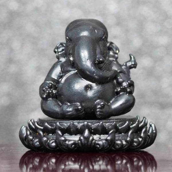 Black Ganesha on lotus base for wealth statue with detailed carvings by Thai Blessing Co
