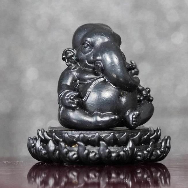 Ganesha on Lotus Base Black Metal Edition – Sacred Wealth Creator with Wat Ban Or Blessing