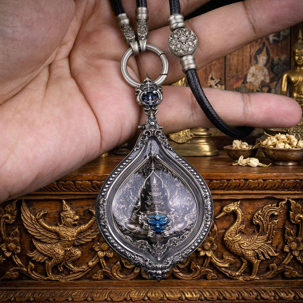 💥 MIGHTY ECLIPSE DIVINITY: THE SOVEREIGN RAHU OF FORTUNE &amp; FATE!   Phra Rahu (White Bronze Enamel Edition) Encased in Satin-Finished White Bronze Buddhist Art Frame Thai Blessing Co By RURUECHA