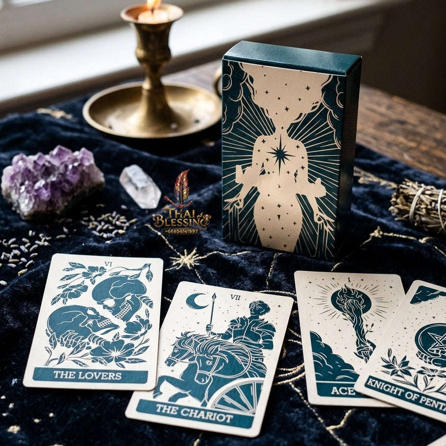 Minimalist Celestial Tarot Deck (78 Pcs Teal & Cream Linocut Edition) - Modern Astrological Divination Cards for Intuitive Guidance, Family Gatherings & Tarot Collectors Thai Blessing Co By RURUECHA