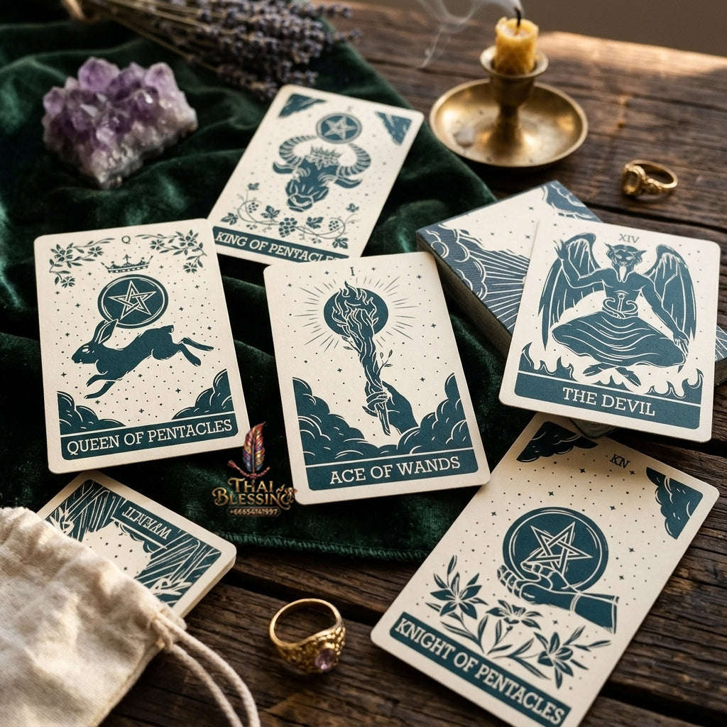 Minimalist Celestial Tarot Deck (78 Pcs Teal & Cream Linocut Edition) - Modern Astrological Divination Cards for Intuitive Guidance, Family Gatherings & Tarot Collectors Thai Blessing Co By RURUECHA