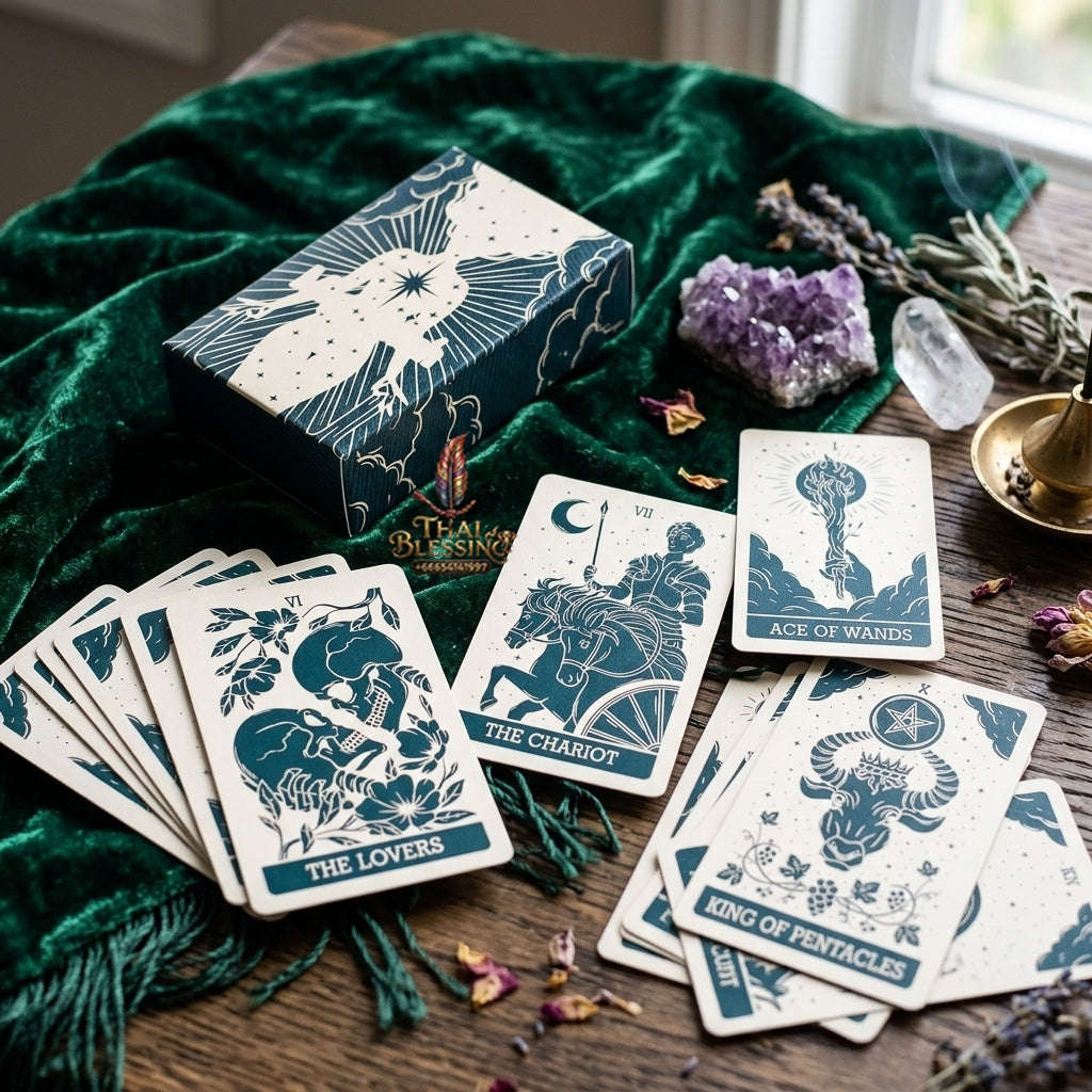 Minimalist Celestial Tarot Deck (78 Pcs Teal & Cream Linocut Edition) - Modern Astrological Divination Cards for Intuitive Guidance, Family Gatherings & Tarot Collectors Thai Blessing Co By RURUECHA