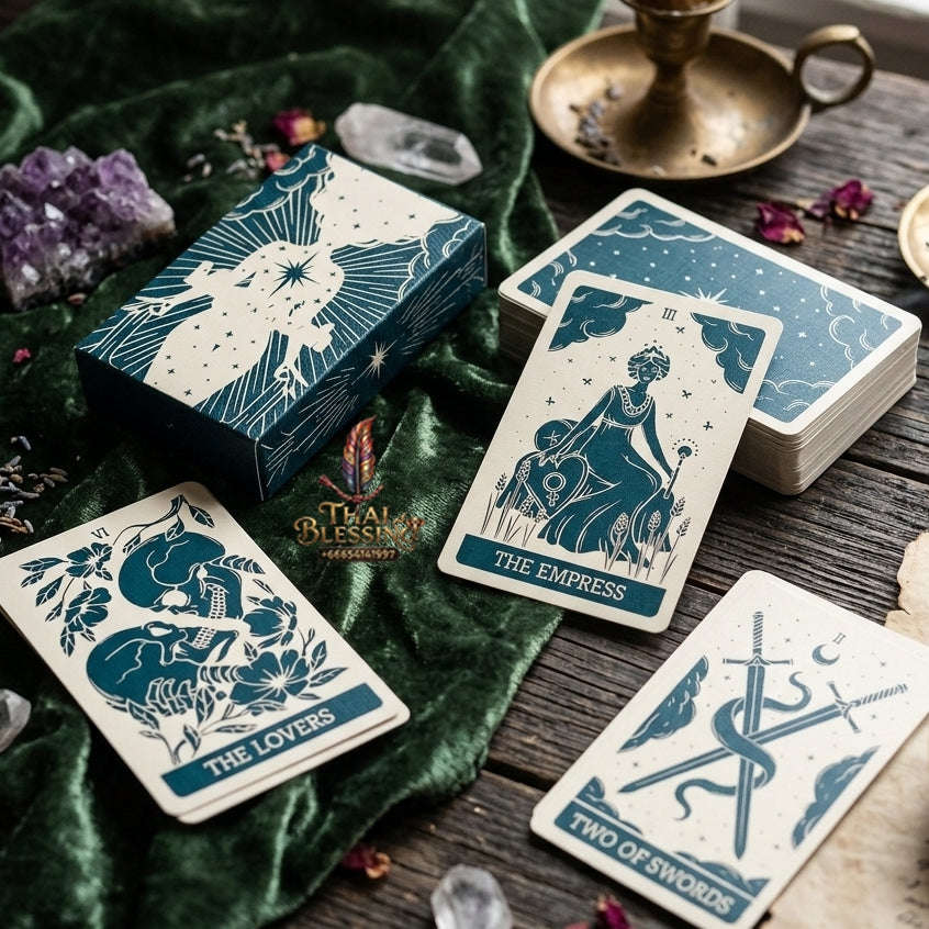 Minimalist Celestial Tarot Deck (78 Pcs Teal & Cream Linocut Edition) - Modern Astrological Divination Cards for Intuitive Guidance, Family Gatherings & Tarot Collectors Thai Blessing Co By RURUECHA