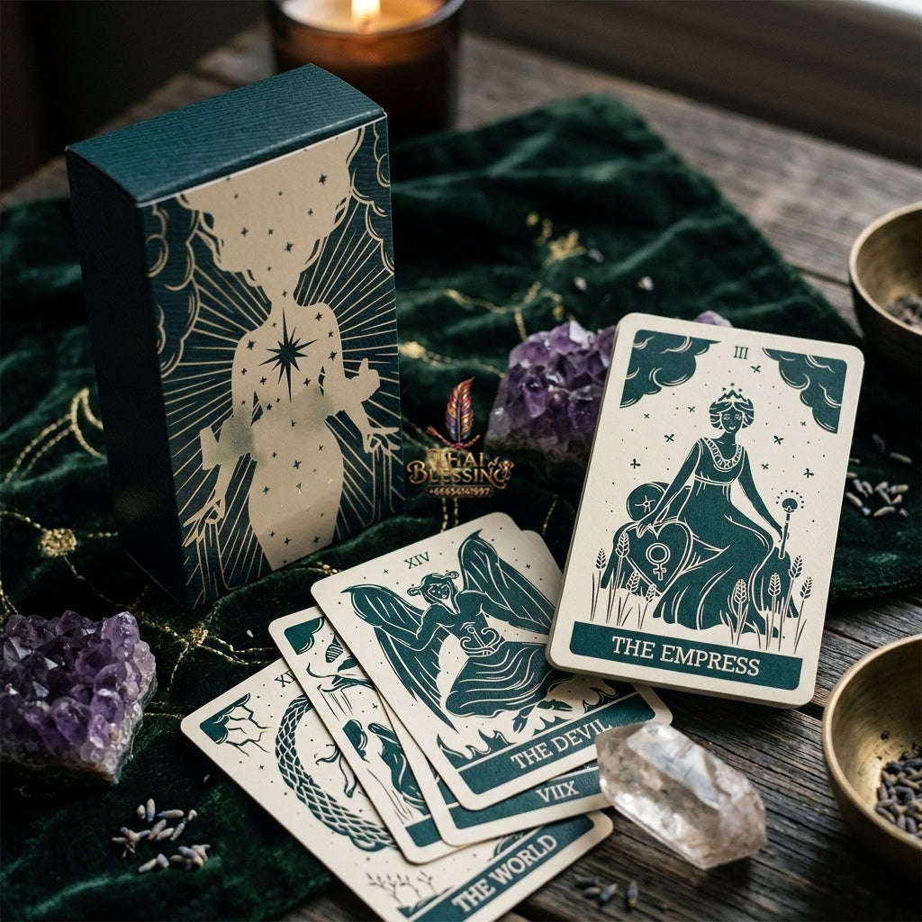 Minimalist Celestial Tarot Deck (78 Pcs Teal & Cream Linocut Edition) - Modern Astrological Divination Cards for Intuitive Guidance, Family Gatherings & Tarot Collectors Thai Blessing Co By RURUECHA