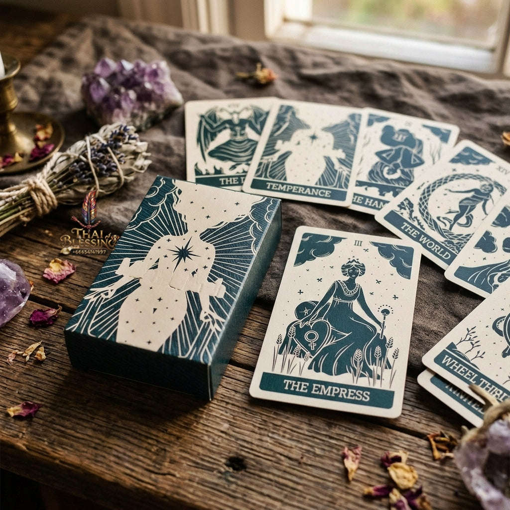 Minimalist Celestial Tarot Deck (78 Pcs Teal & Cream Linocut Edition) - Modern Astrological Divination Cards for Intuitive Guidance, Family Gatherings & Tarot Collectors Thai Blessing Co By RURUECHA