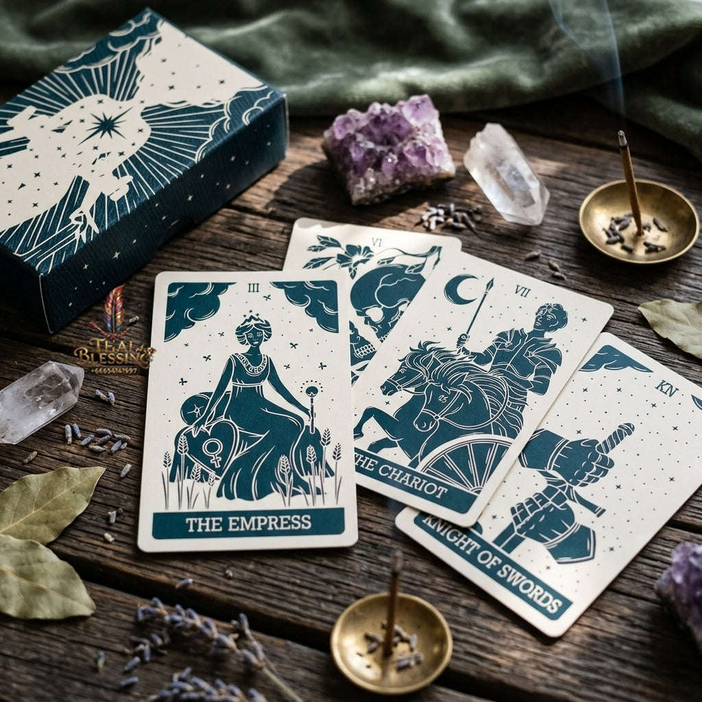 Minimalist Celestial Tarot Deck (78 Pcs Teal & Cream Linocut Edition) - Modern Astrological Divination Cards for Intuitive Guidance, Family Gatherings & Tarot Collectors Thai Blessing Co By RURUECHA