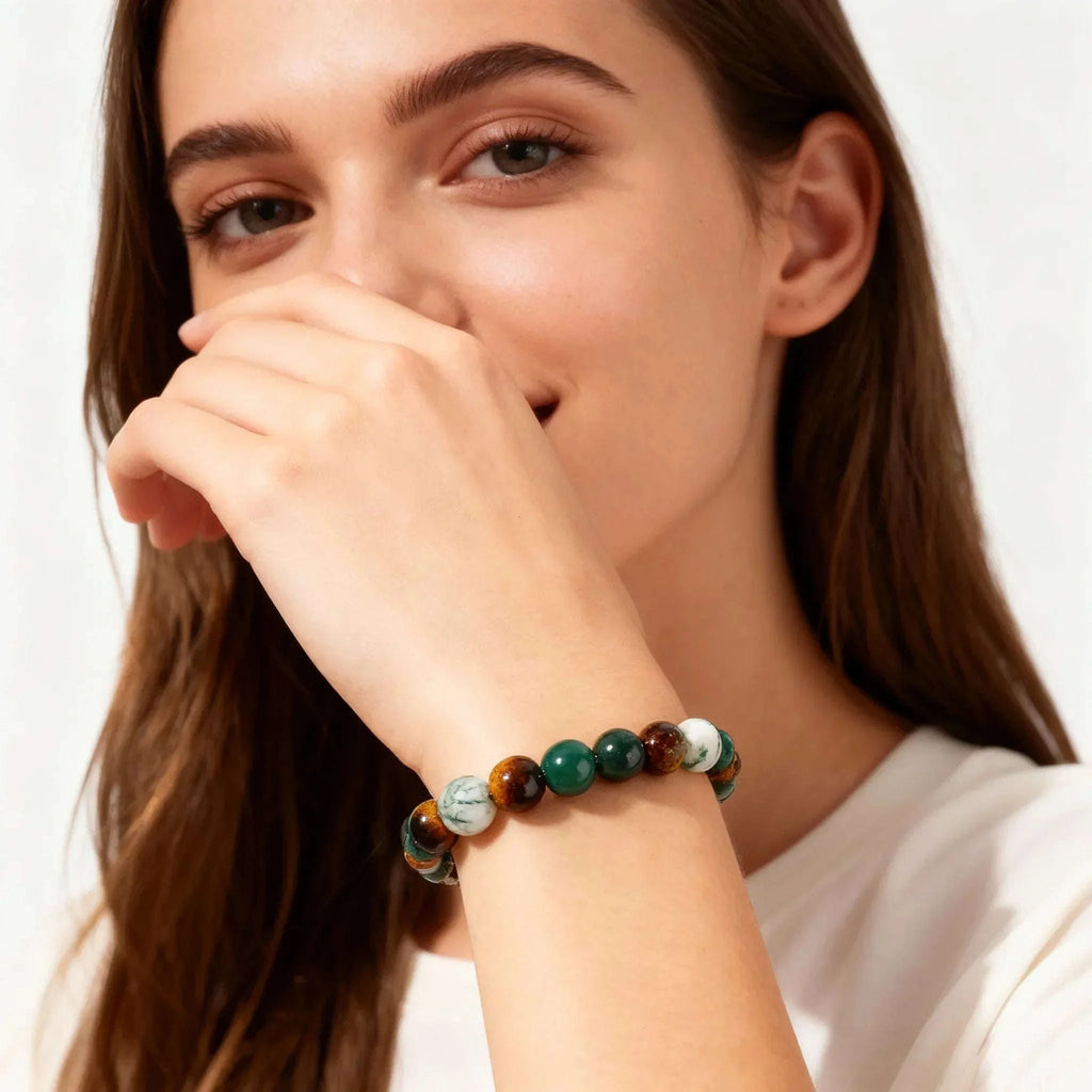 ✨ Minimalist Winter Accessories – Green and Yellow Tiger Eye & Agate Beaded Bracelet – Elegant Family Bar Jewelry for Daily Outfits