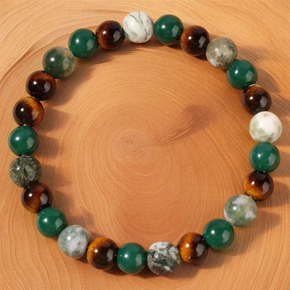 ✨ Minimalist Winter Accessories – Green and Yellow Tiger Eye & Agate Beaded Bracelet – Elegant Family Bar Jewelry for Daily Outfits