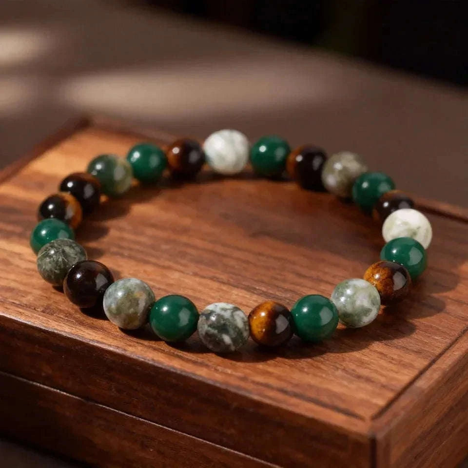 ✨ Minimalist Winter Accessories – Green and Yellow Tiger Eye & Agate Beaded Bracelet – Elegant Family Bar Jewelry for Daily Outfits