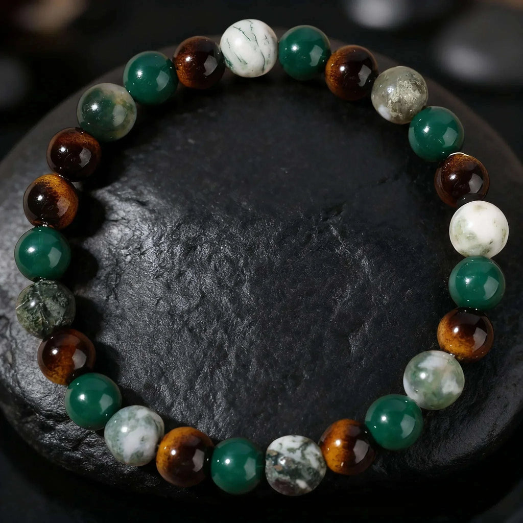 ✨ Minimalist Winter Accessories – Green and Yellow Tiger Eye & Agate Beaded Bracelet – Elegant Family Bar Jewelry for Daily Outfits