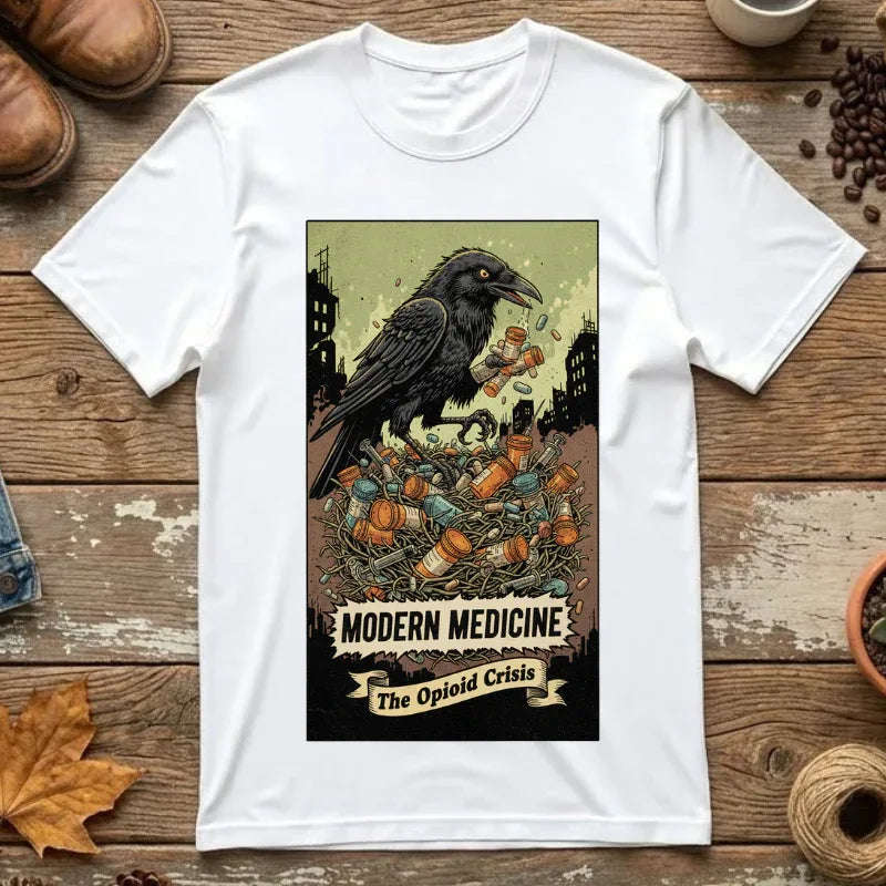 Modern Medicine Raven Shirt - Opioid Crisis Satire Tee - Dark Gothic Graphic T-Shirt - Vintage Social Commentary Art - Raven Nest Medicine Bottle Dark Humor Streetwear