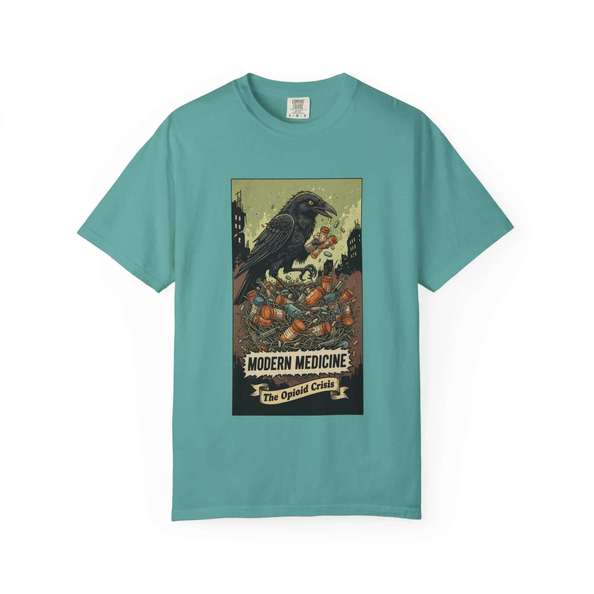 Modern Medicine Raven Shirt - Opioid Crisis Satire Tee - Dark Gothic Graphic T-Shirt - Vintage Social Commentary Art - Raven Nest Medicine Bottle Dark Humor Streetwear Seafoam