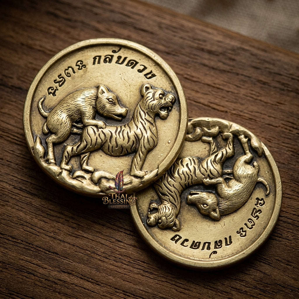 Moo Pee Suea Pendant Pig Mounts Tiger Medallion Thai Amulet Protection talisman good luck charm spiritual jewelry Thai Blessing Co By RURUECHA