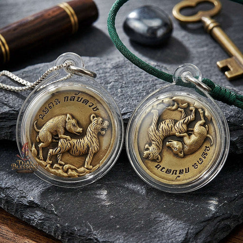 Moo Pee Suea Pendant Pig Mounts Tiger Medallion Thai Amulet Protection talisman good luck charm spiritual jewelry Thai Blessing Co By RURUECHA