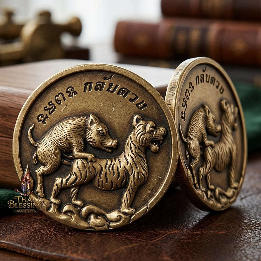 Moo Pee Suea Pendant Pig Mounts Tiger Medallion Thai Amulet Protection talisman good luck charm spiritual jewelry Thai Blessing Co By RURUECHA