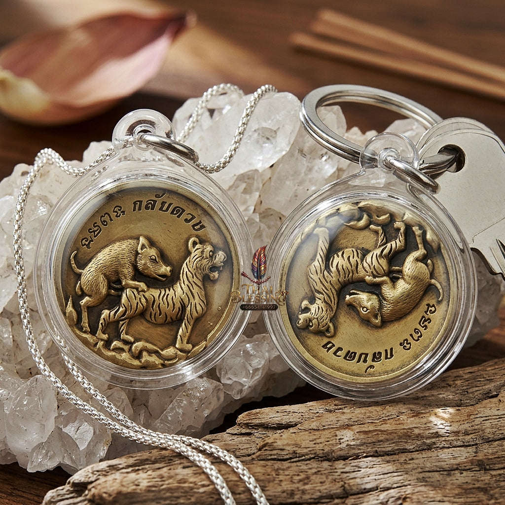 Moo Pee Suea Pendant Pig Mounts Tiger Medallion Thai Amulet Protection talisman good luck charm spiritual jewelry Thai Blessing Co By RURUECHA