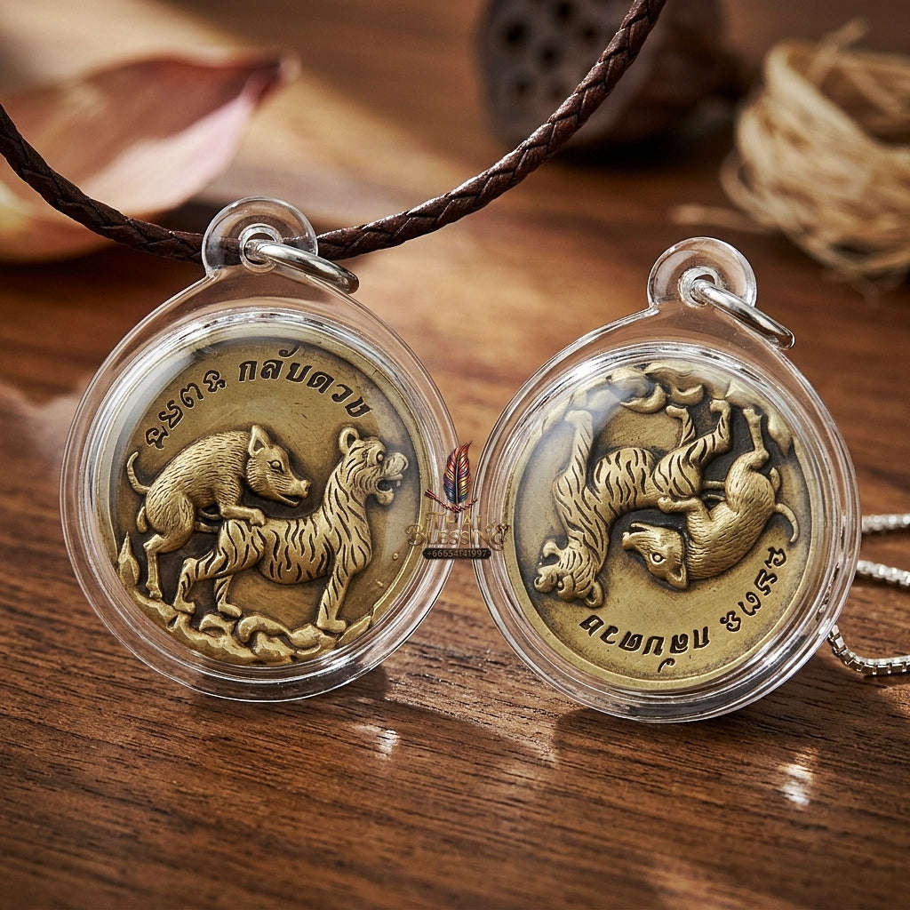 Moo Pee Suea Pendant Pig Mounts Tiger Medallion Thai Amulet Protection talisman good luck charm spiritual jewelry Thai Blessing Co By RURUECHA