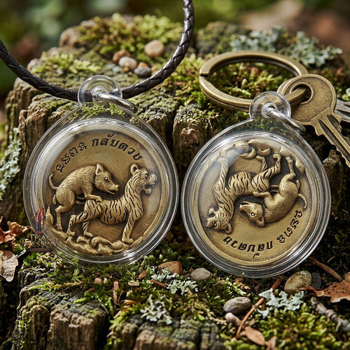 Moo Pee Suea Pendant Pig Mounts Tiger Medallion Thai Amulet Protection talisman good luck charm spiritual jewelry Thai Blessing Co By RURUECHA