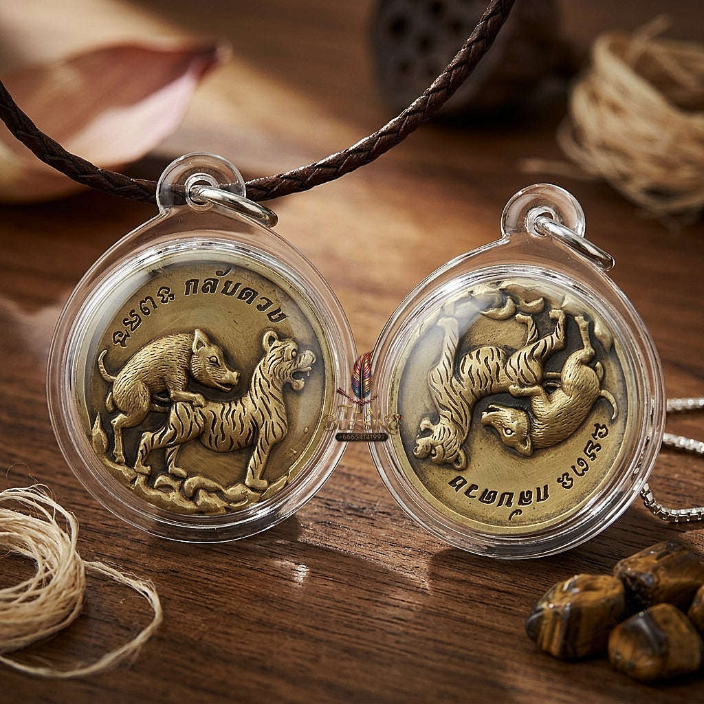 Moo Pee Suea Pendant Pig Mounts Tiger Medallion Thai Amulet Protection talisman good luck charm spiritual jewelry Thai Blessing Co By RURUECHA