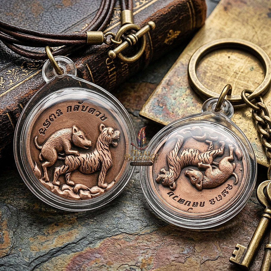 Moo Pi Suea Coin Thai Amulet Protection talisman good luck charm spiritual jewelry Sacred Pig Mating Tiger Alchemy Coin Wealth Elevation & Satin Red Bronze