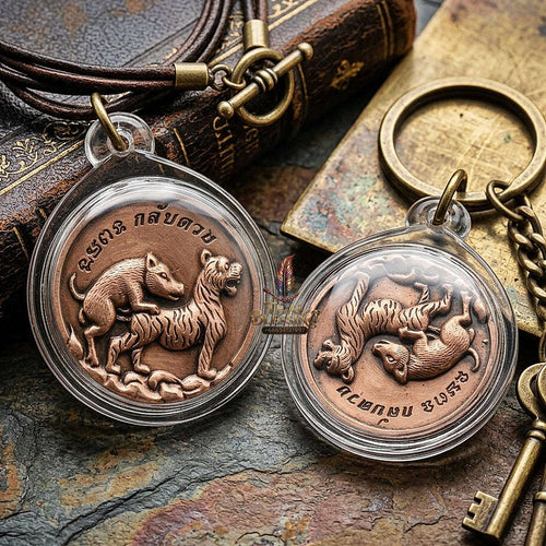 Moo Pi Suea Coin Thai Amulet Protection talisman good luck charm spiritual jewelry Sacred Pig Mating Tiger Alchemy Coin Wealth Elevation & Satin Red Bronze
