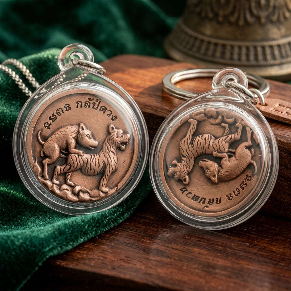 Moo Pi Suea Coin Thai Amulet Protection talisman good luck charm spiritual jewelry Sacred Pig Mating Tiger Alchemy Coin Wealth Elevation & Satin Red Bronze