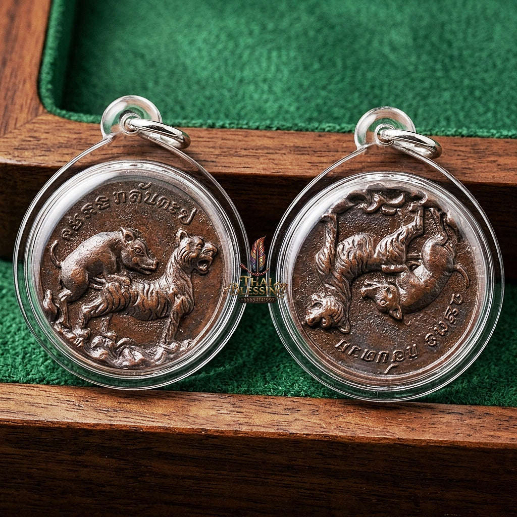 Moo Pi Suea Coin Thai Amulet Protection talisman good luck charm spiritual jewelry Sacred Pig Mating Tiger Alchemy Coin Wealth Elevation & Satin Red Bronze