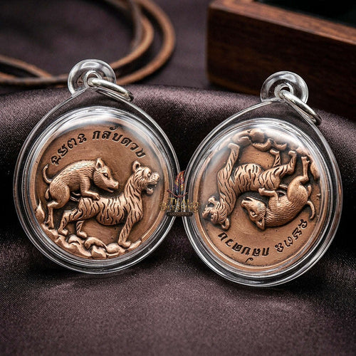 Moo Pi Suea Coin Thai Amulet Protection talisman good luck charm spiritual jewelry Sacred Pig Mating Tiger Alchemy Coin Wealth Elevation & Satin Red Bronze