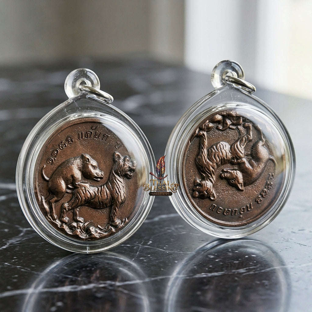 Moo Pi Suea Coin Thai Amulet Protection talisman good luck charm spiritual jewelry Sacred Pig Mating Tiger Alchemy Coin Wealth Elevation & Satin Red Bronze