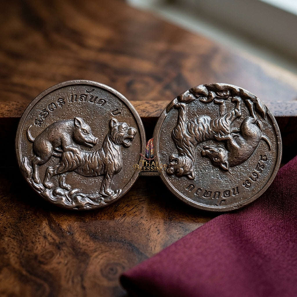 Moo Pi Suea Coin Thai Amulet Protection talisman good luck charm spiritual jewelry Sacred Pig Mating Tiger Alchemy Coin Wealth Elevation & Satin Red Bronze