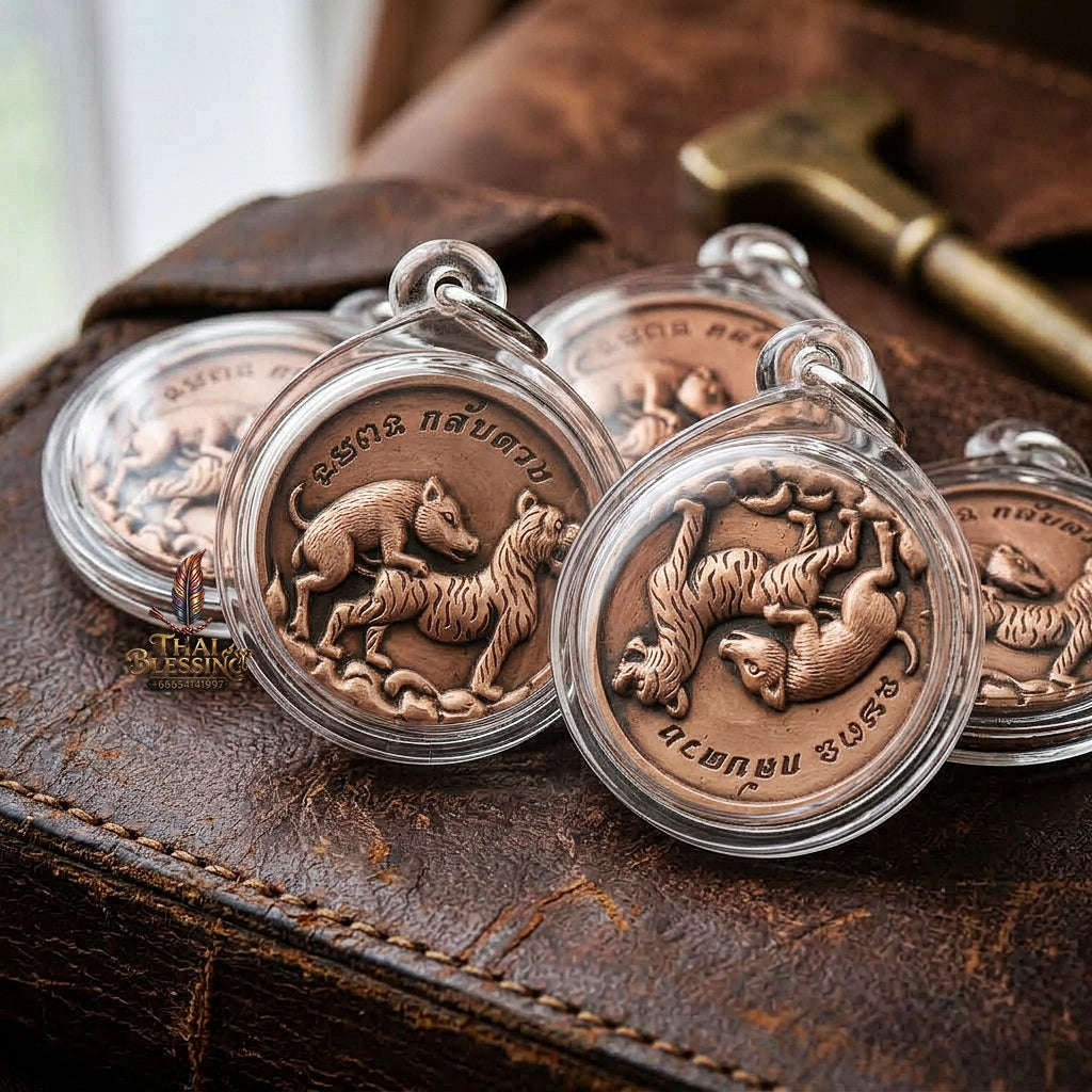 Moo Pi Suea Coin Thai Amulet Protection talisman good luck charm spiritual jewelry Sacred Pig Mating Tiger Alchemy Coin Wealth Elevation & Satin Red Bronze