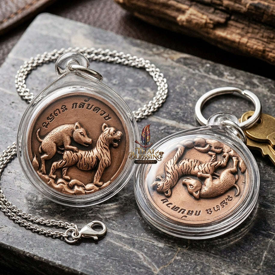 Moo Pi Suea Coin Thai Amulet Protection talisman good luck charm spiritual jewelry Sacred Pig Mating Tiger Alchemy Coin Wealth Elevation & Satin Red Bronze