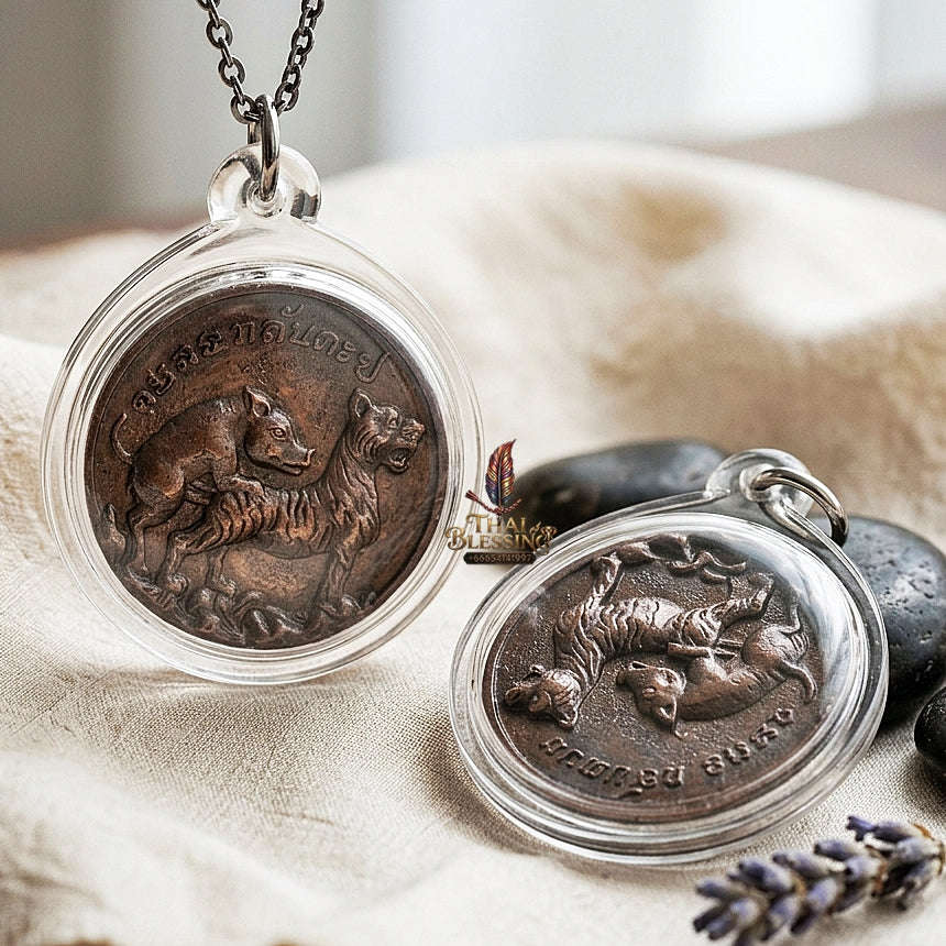 Moo Pi Suea Coin Thai Amulet Protection talisman good luck charm spiritual jewelry Sacred Pig Mating Tiger Alchemy Coin Wealth Elevation & Satin Red Bronze