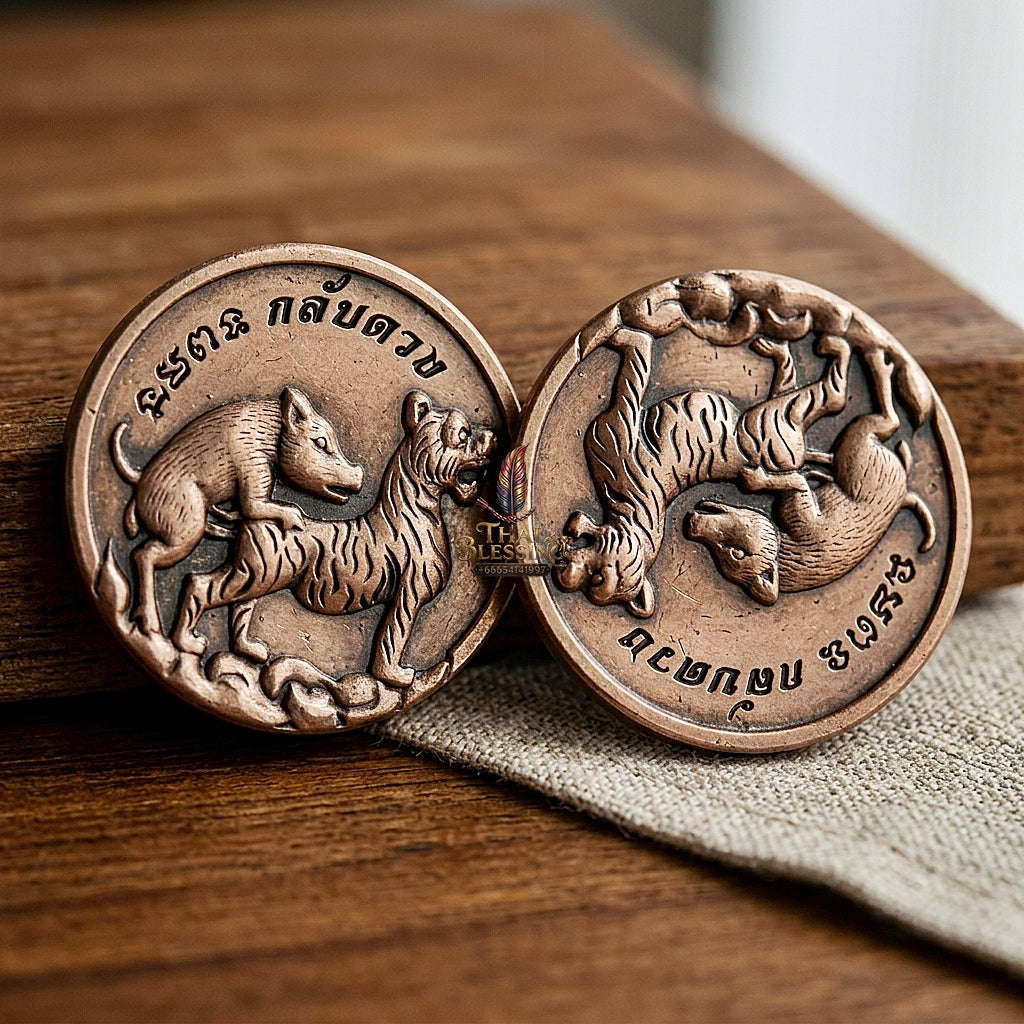 Moo Pi Suea Coin Thai Amulet Protection talisman good luck charm spiritual jewelry Sacred Pig Mating Tiger Alchemy Coin Wealth Elevation & Satin Red Bronze