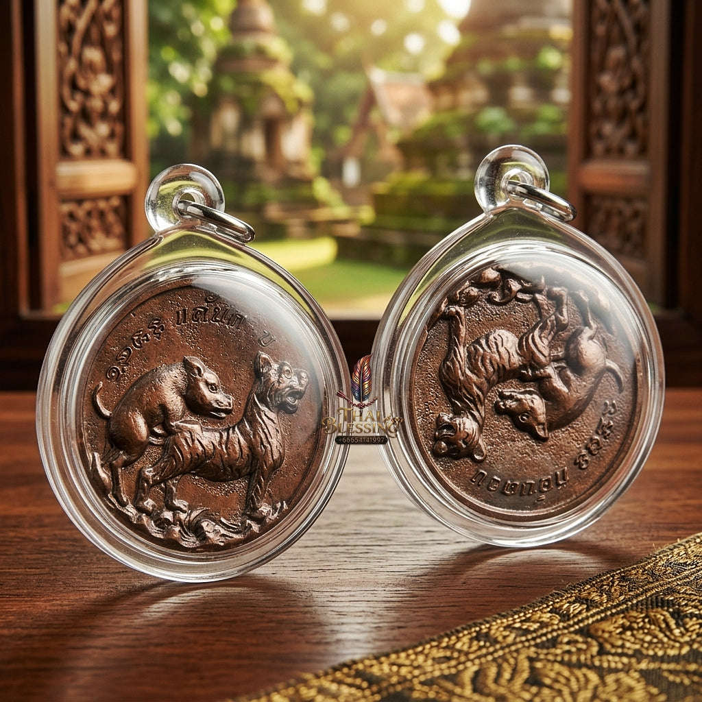Moo Pi Suea Coin Thai Amulet Protection talisman good luck charm spiritual jewelry Sacred Pig Mating Tiger Alchemy Coin Wealth Elevation & Satin Red Bronze