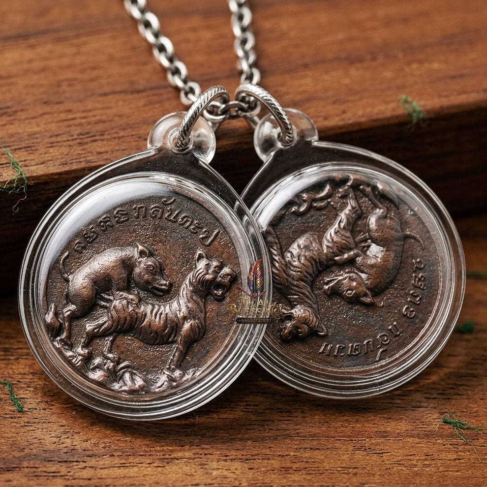 Moo Pi Suea Coin Thai Amulet Protection talisman good luck charm spiritual jewelry Sacred Pig Mating Tiger Alchemy Coin Wealth Elevation & Satin Red Bronze