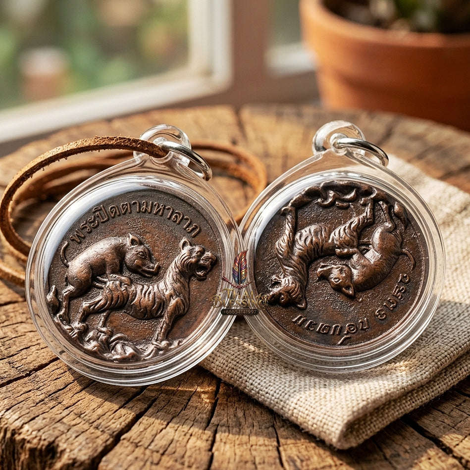 Moo Pi Suea Coin Thai Amulet Protection talisman good luck charm spiritual jewelry Sacred Pig Mating Tiger Alchemy Coin Wealth Elevation & Satin Red Bronze