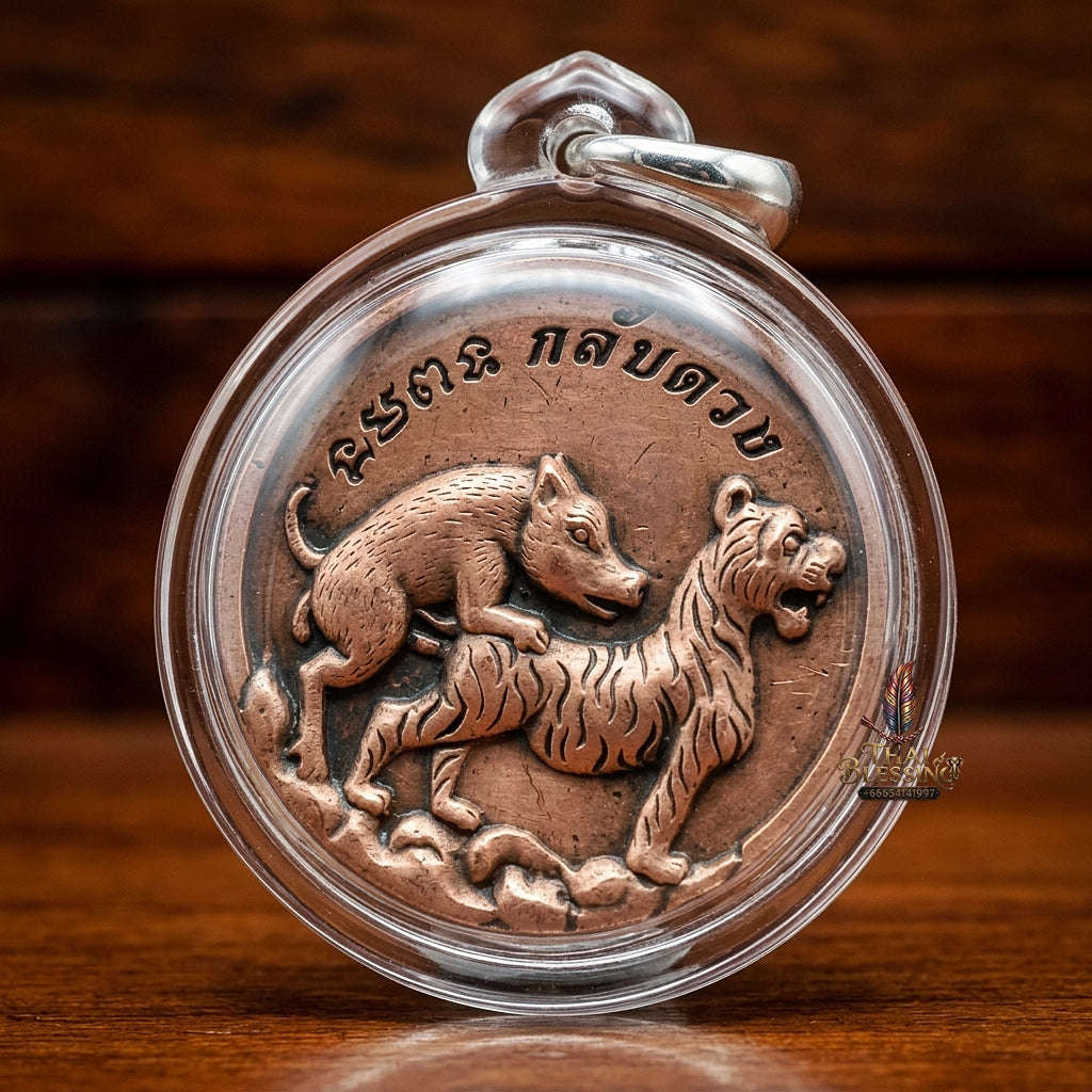 Moo Pi Suea Coin Thai Amulet Protection talisman good luck charm spiritual jewelry Sacred Pig Mating Tiger Alchemy Coin Wealth Elevation & Satin Red Bronze