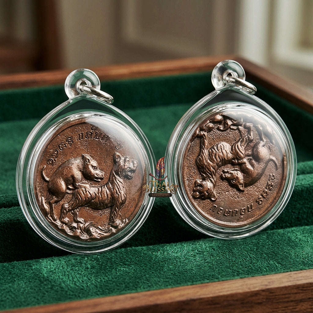 Moo Pi Suea Coin Thai Amulet Protection talisman good luck charm spiritual jewelry Sacred Pig Mating Tiger Alchemy Coin Wealth Elevation & Satin Red Bronze