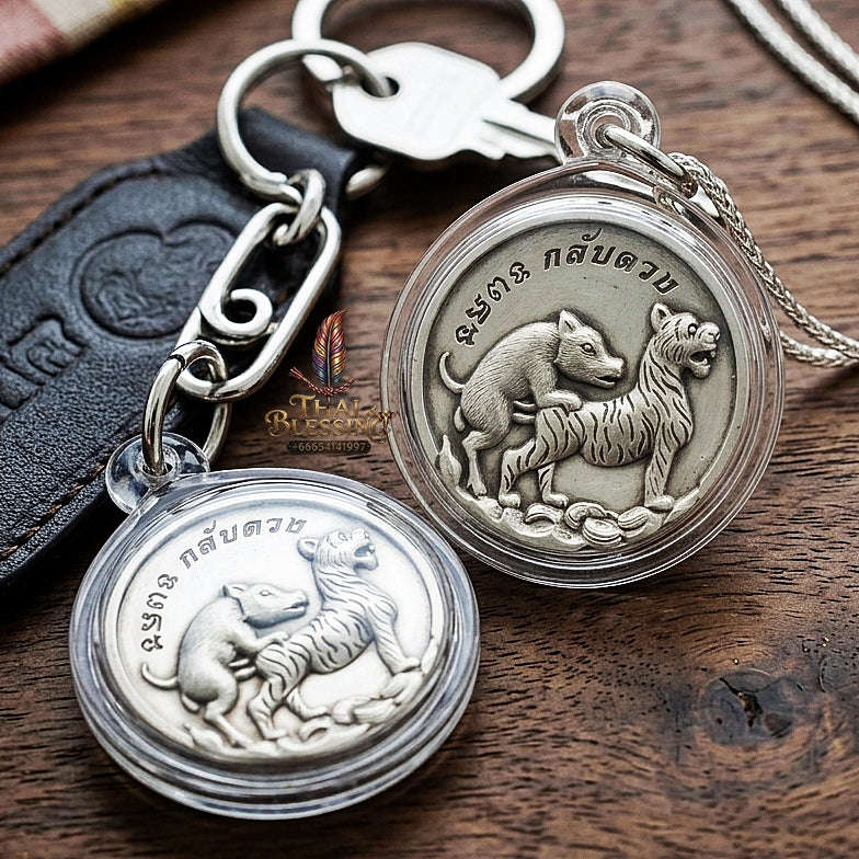 Moo Pi Suea Coin Thai Amulet Protection talisman good luck charm spiritual jewelry Sacred Pig Mating Tiger Alchemy Coin Wealth Elevation & Satin Silver Bronze