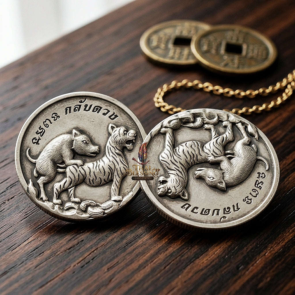 Moo Pi Suea Coin Thai Amulet Protection talisman good luck charm spiritual jewelry Sacred Pig Mating Tiger Alchemy Coin Wealth Elevation & Satin Silver Bronze